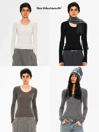 Four Color U Neck Slim Fit Lightweight Long Sleeve Women&