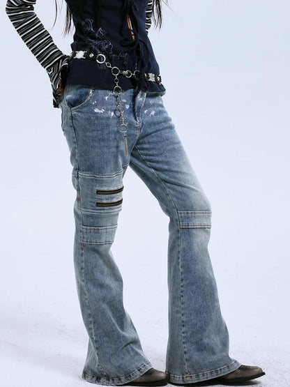 MOMSYCAN FOX LINE Fox Line Slim Flare Silver Wash Low Rise Jeans