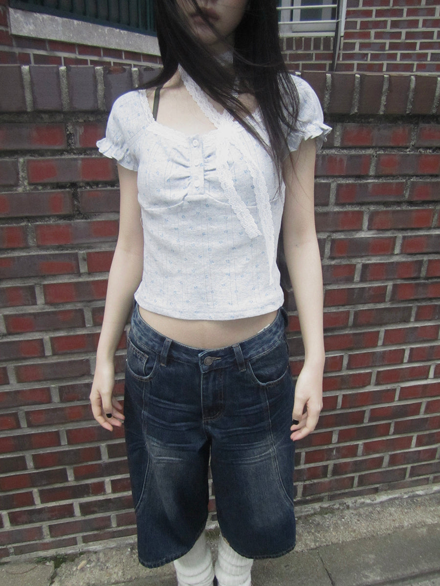 Updateang project Korean Floral Lace Trim Button Up Short Sleeve Tee
