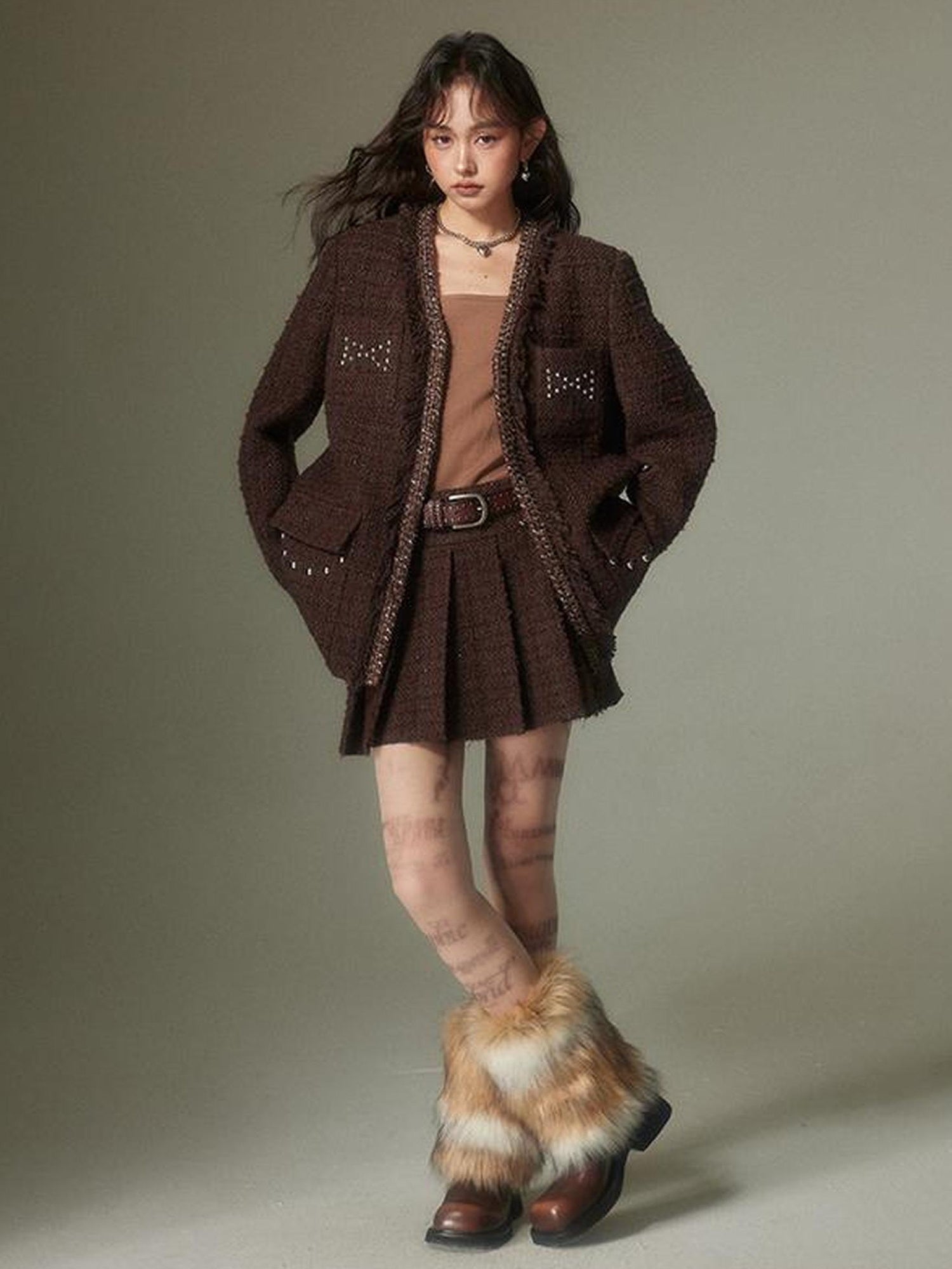 DIDDI MODA French Retro Brown Studded Sequin Suit Set