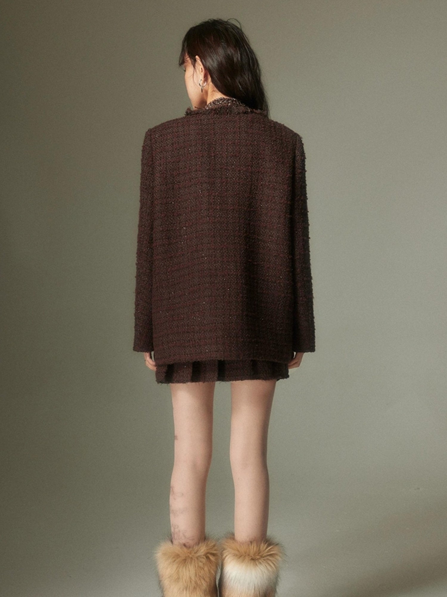 DIDDI MODA French Retro Brown Studded Sequin Suit Set