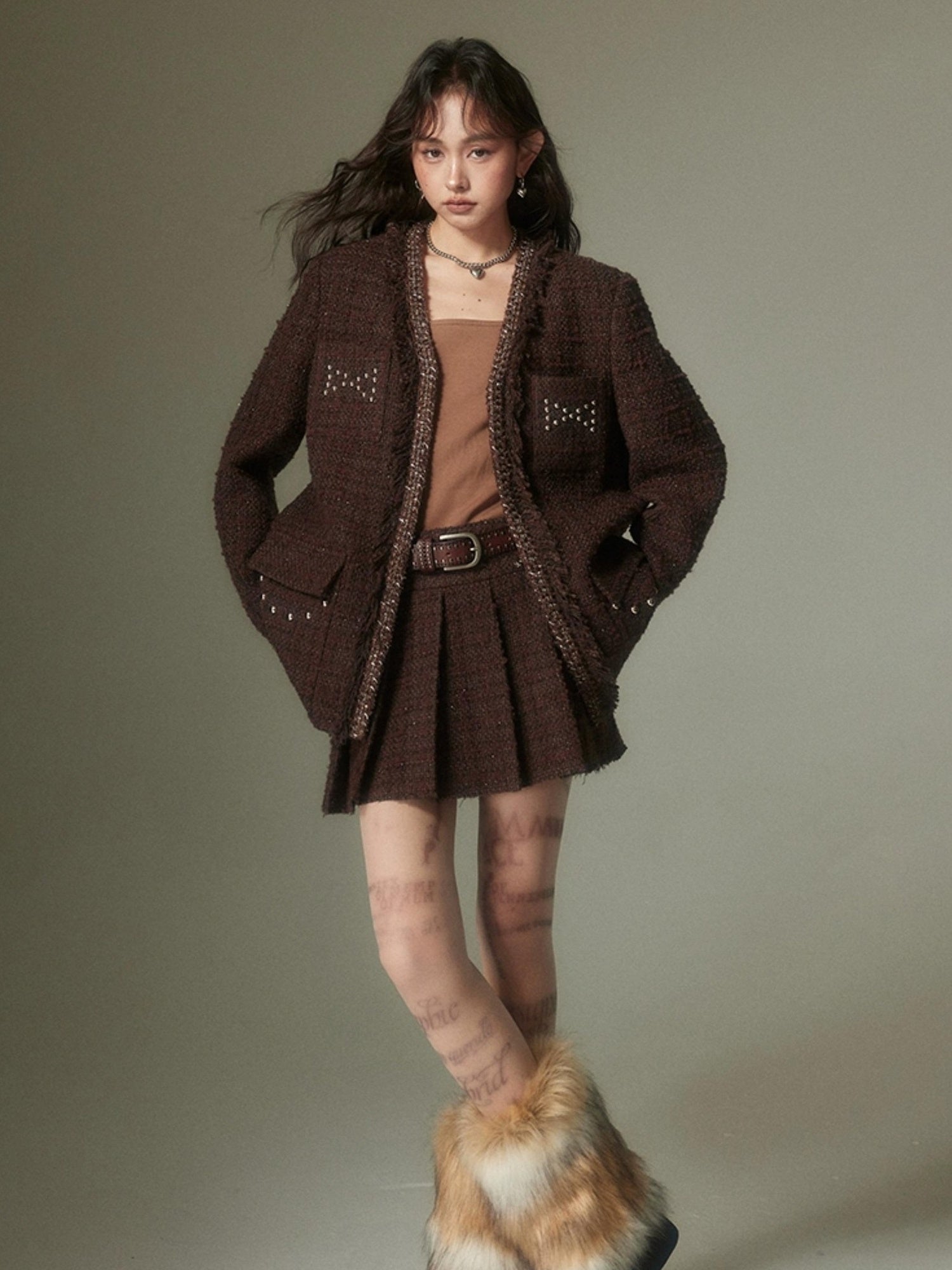 DIDDI MODA French Retro Brown Studded Sequin Suit Set