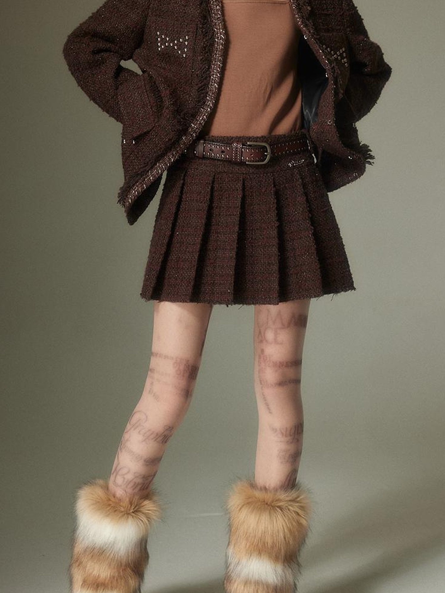 DIDDI MODA French Retro Brown Studded Sequin Suit Set