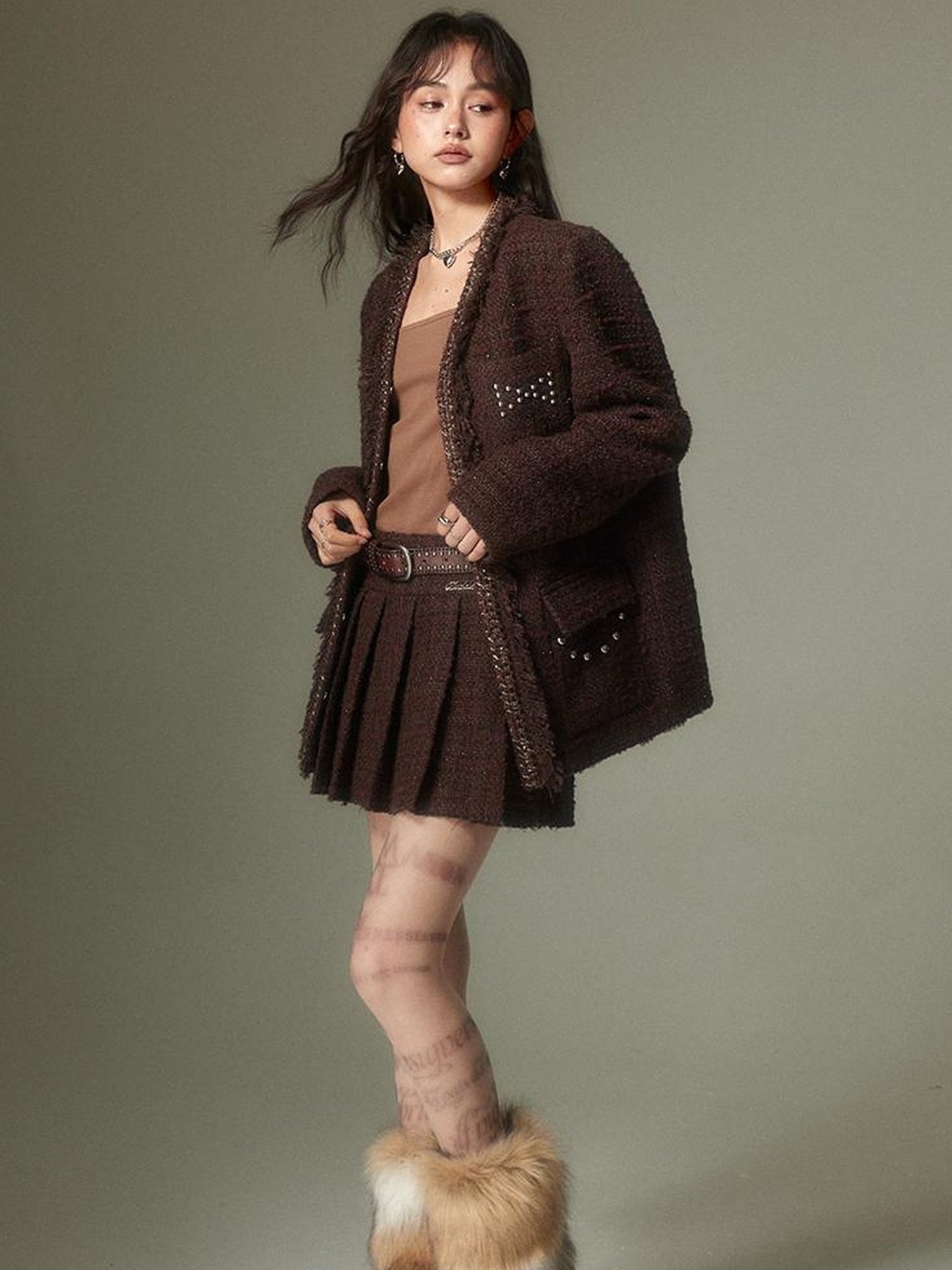 DIDDI MODA French Retro Brown Studded Sequin Suit Set