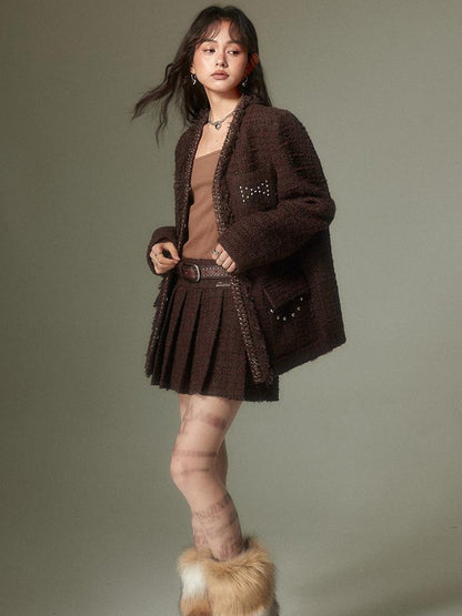 DIDDI MODA French Retro Brown Studded Sequin Suit Set