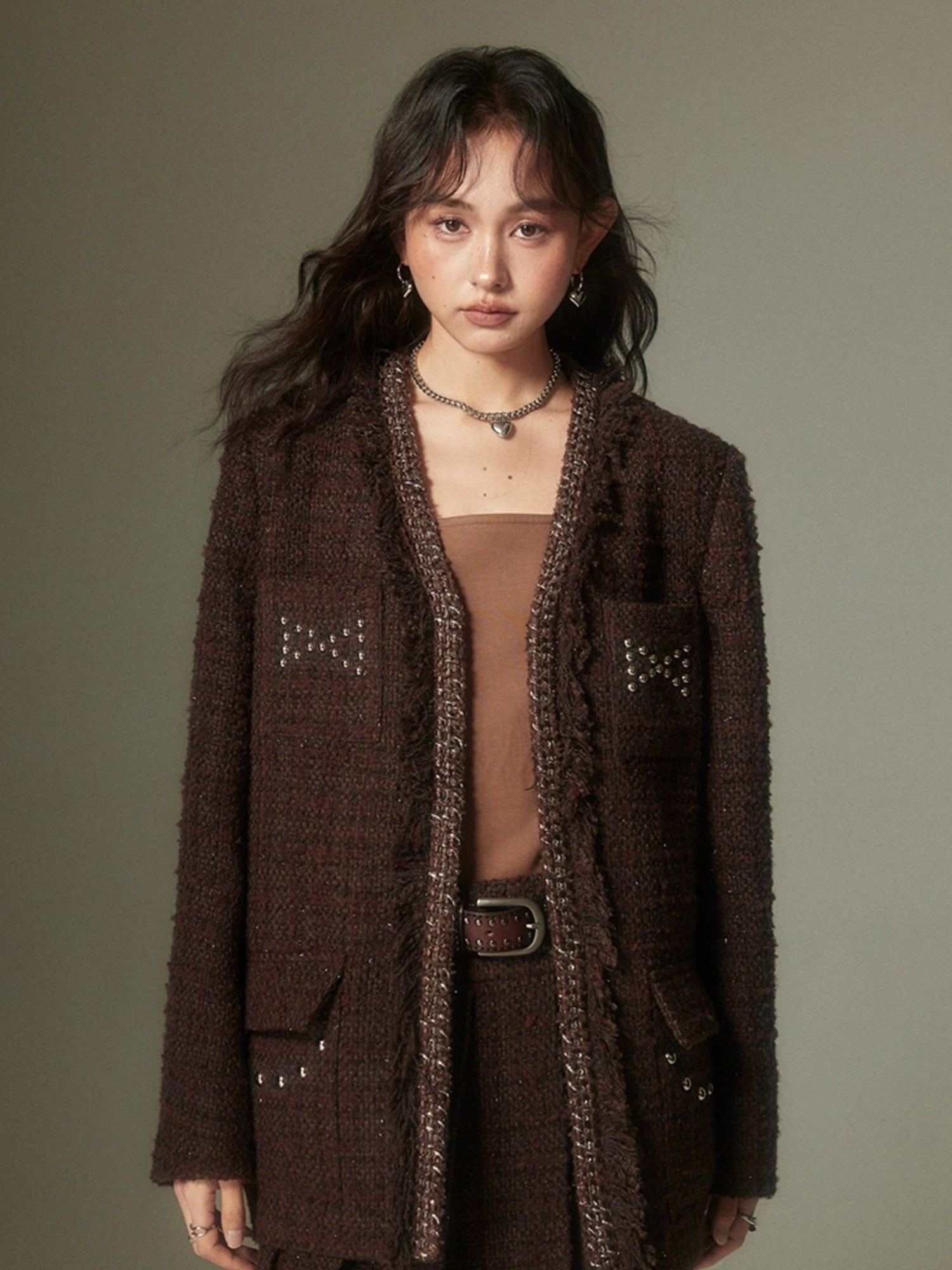 DIDDI MODA French Retro Brown Studded Sequin Suit Set