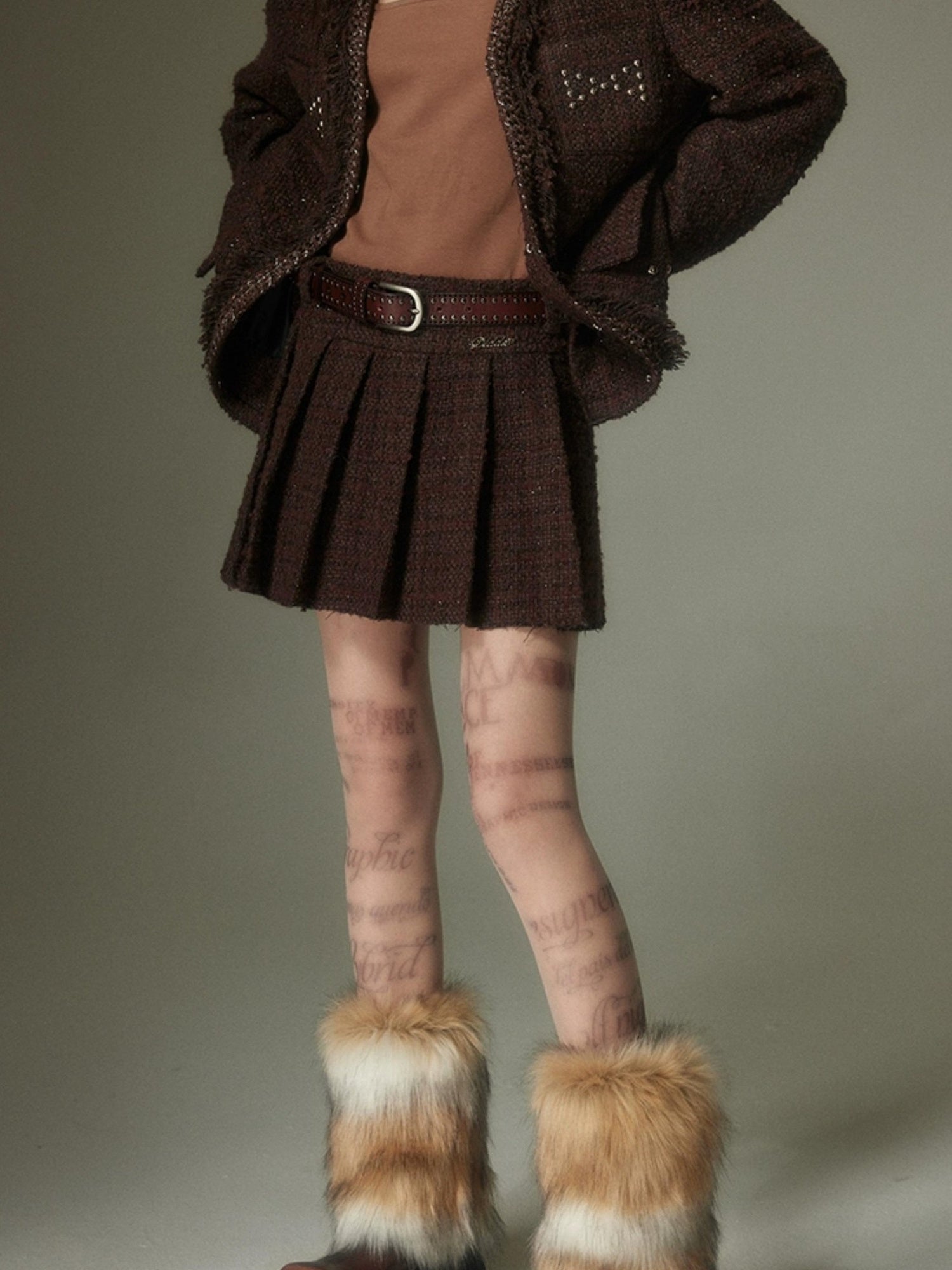 DIDDI MODA French Retro Brown Studded Sequin Suit Set