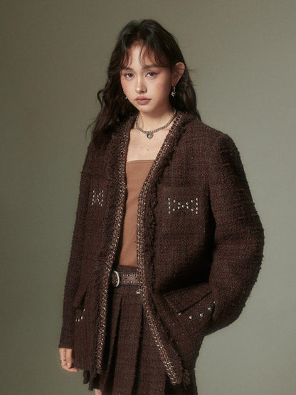 DIDDI MODA French Retro Brown Studded Sequin Suit Set