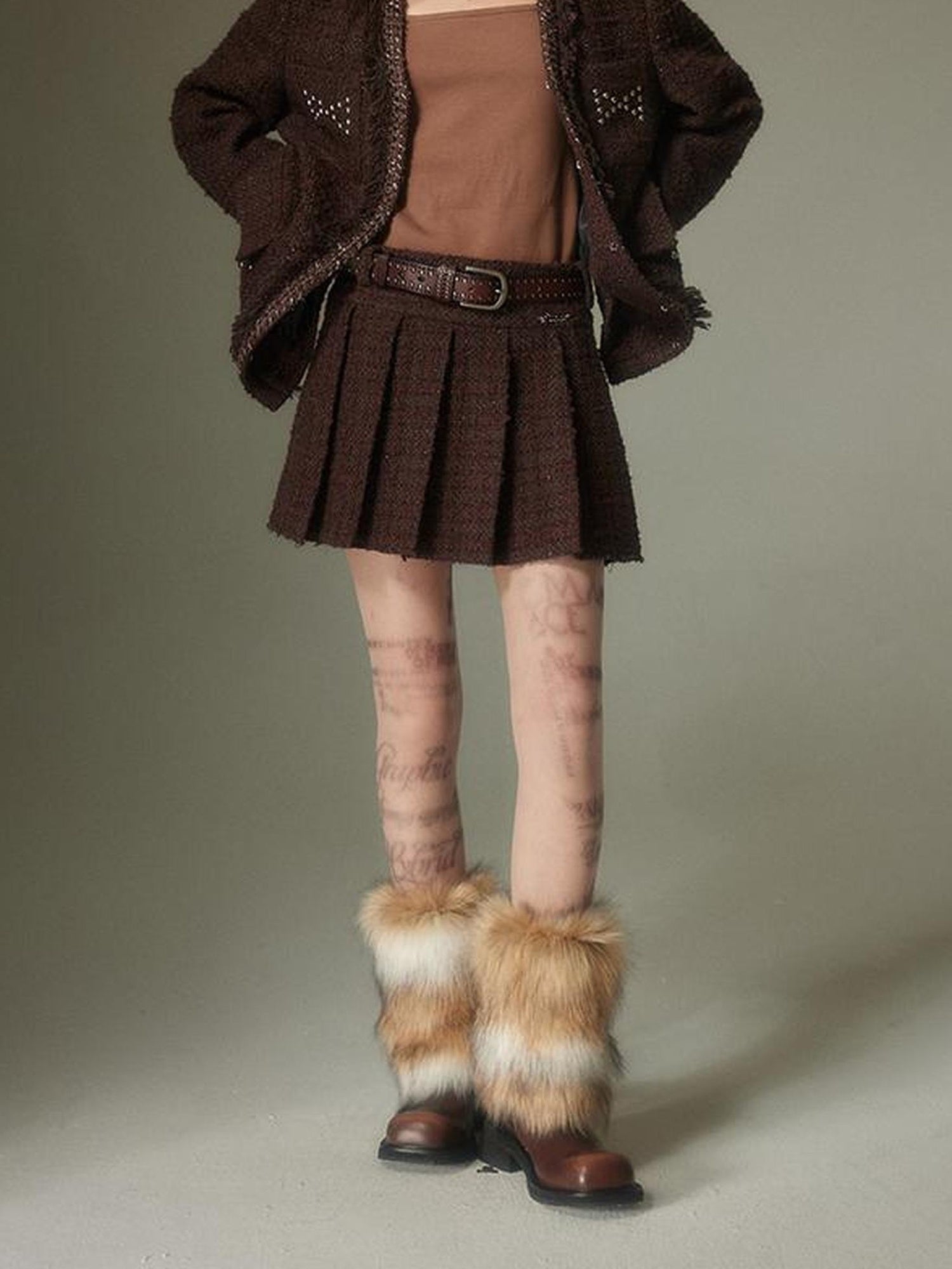 DIDDI MODA French Retro Brown Studded Sequin Suit Set