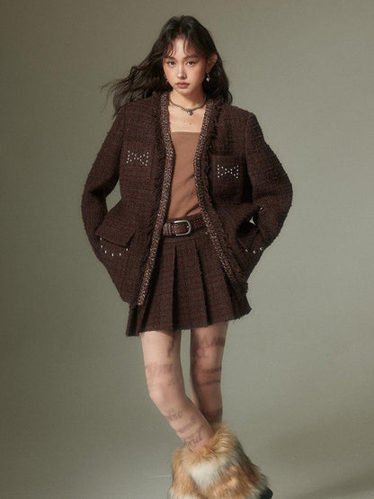 DIDDI MODA French Retro Brown Studded Sequin Suit Set