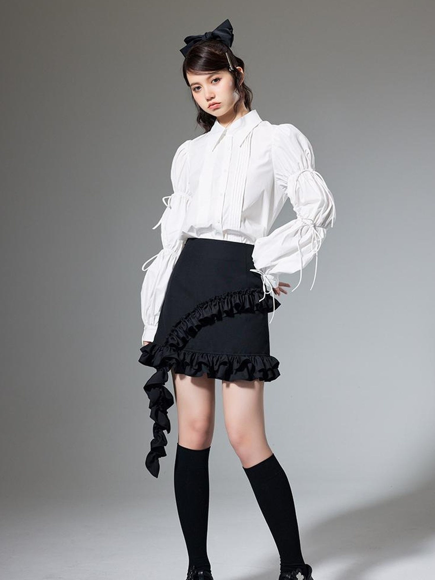 DIDDI MODA French Retro Puff Sleeve White Cotton Blouse With Ruffles Shell Buttons