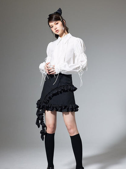 DIDDI MODA French Retro Puff Sleeve White Cotton Blouse With Ruffles Shell Buttons