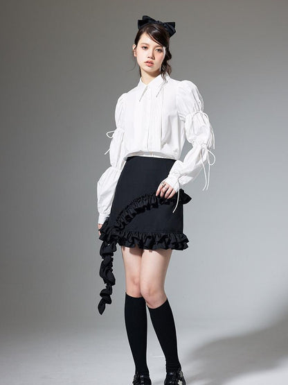 DIDDI MODA French Retro Puff Sleeve White Cotton Blouse With Ruffles Shell Buttons