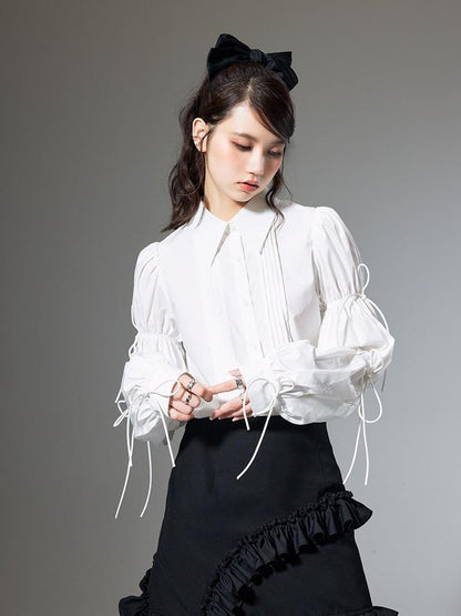 DIDDI MODA French Retro Puff Sleeve White Cotton Blouse With Ruffles Shell Buttons