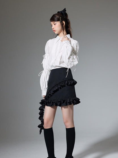 DIDDI MODA French Retro Puff Sleeve White Cotton Blouse With Ruffles Shell Buttons