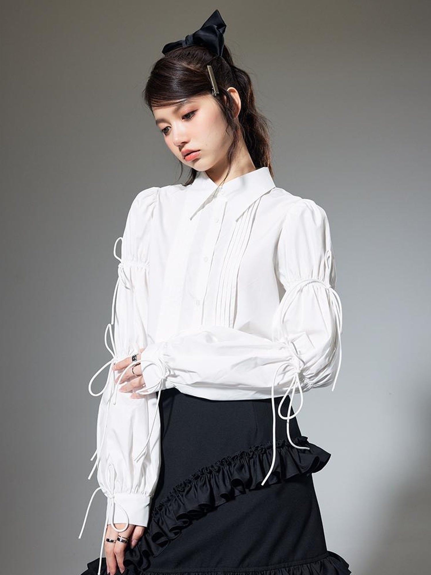 DIDDI MODA French Retro Puff Sleeve White Cotton Blouse With Ruffles Shell Buttons