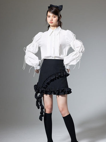 DIDDI MODA French Retro Puff Sleeve White Cotton Blouse With Ruffles Shell Buttons