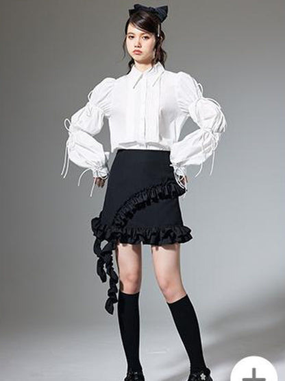 DIDDI MODA French Retro Puff Sleeve White Cotton Blouse With Ruffles Shell Buttons