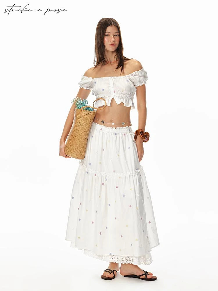 French Sexy Ruffled Crop Top Lace Skirt Set Island Vacation Outfits