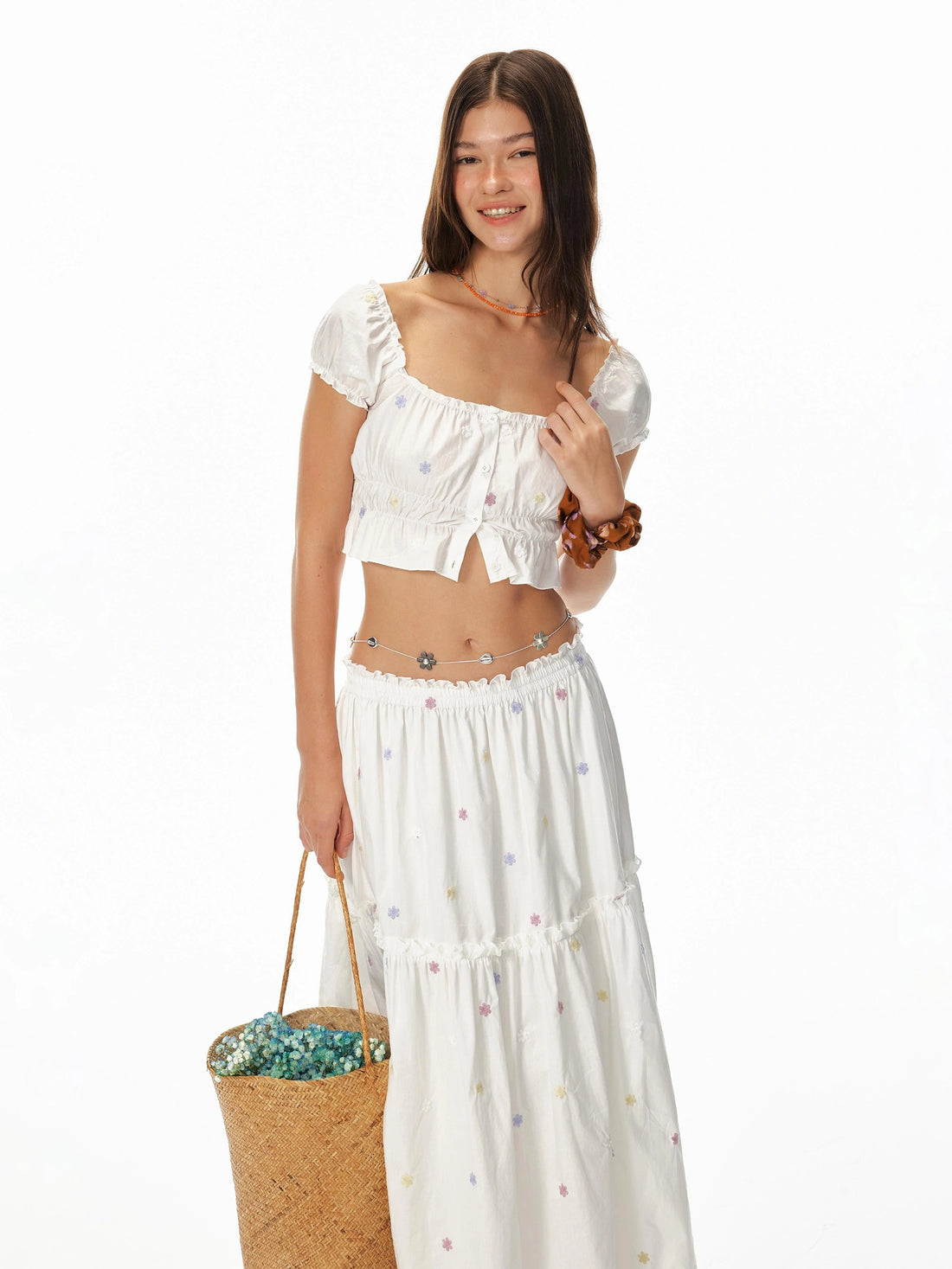 French Sexy Ruffled Crop Top Lace Skirt Set Island Vacation Outfits