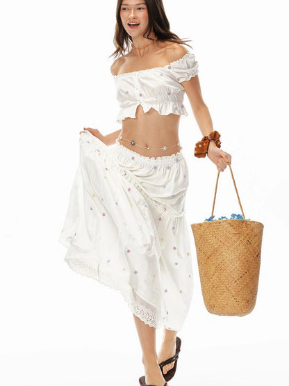 French Sexy Ruffled Crop Top Lace Skirt Set Island Vacation Outfits