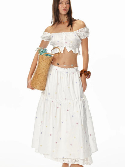 French Sexy Ruffled Crop Top Lace Skirt Set Island Vacation Outfits