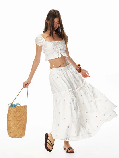 French Sexy Ruffled Crop Top Lace Skirt Set Island Vacation Outfits