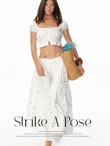 French Sexy Ruffled Crop Top Lace Skirt Set Island Vacation Outfits