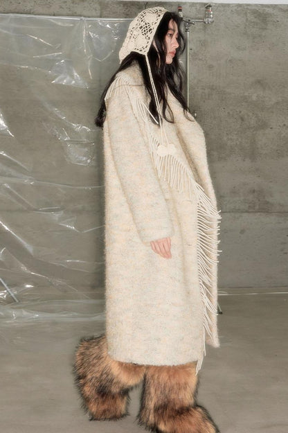 DIDDI MODA Fringed Collar Wool Blend Trench Coat