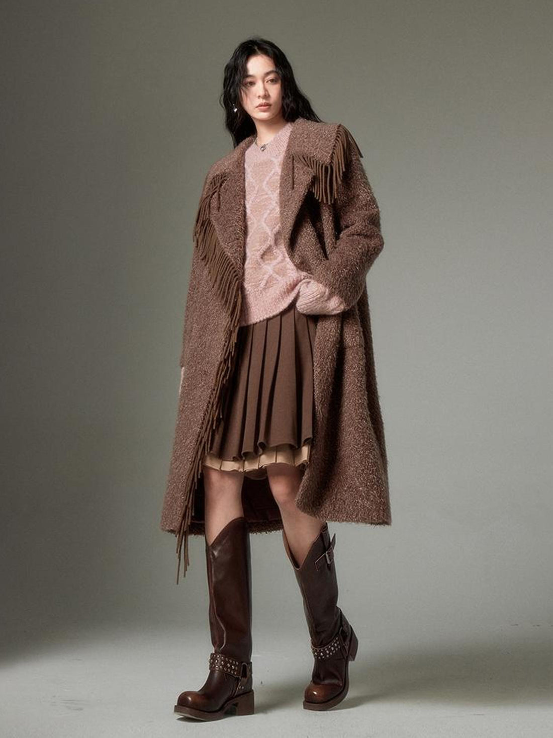 DIDDI MODA Fringed Collar Wool Blend Trench Coat
