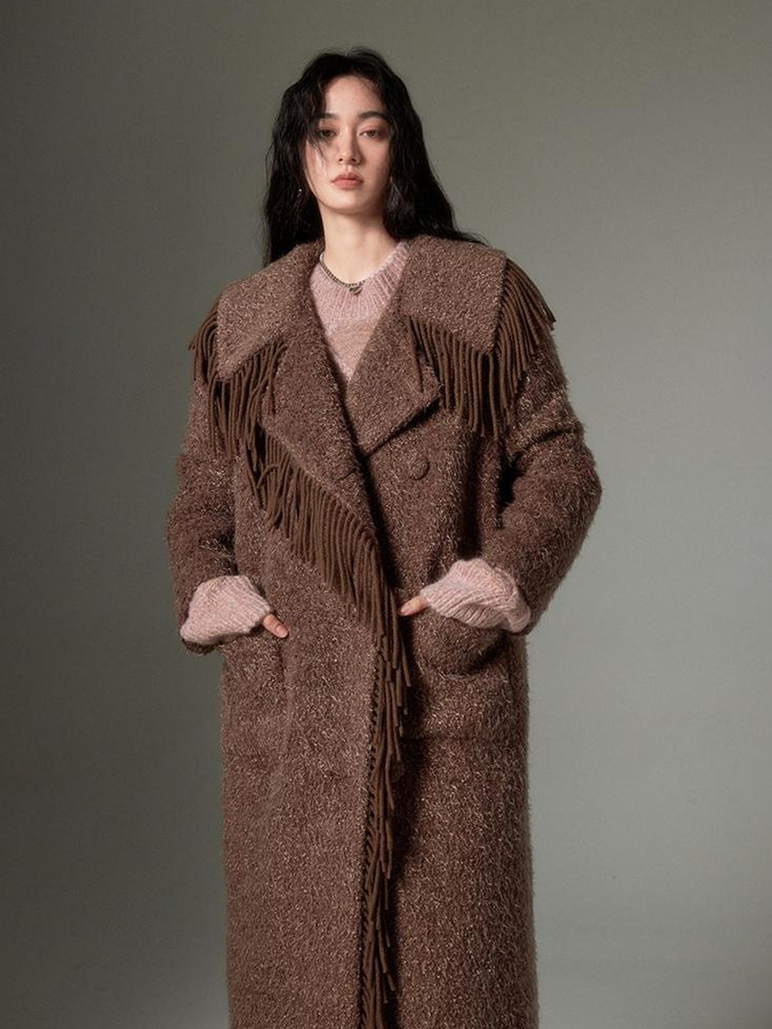 DIDDI MODA Fringed Collar Wool Blend Trench Coat