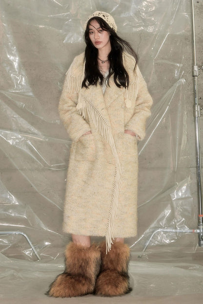 DIDDI MODA Fringed Collar Wool Blend Trench Coat
