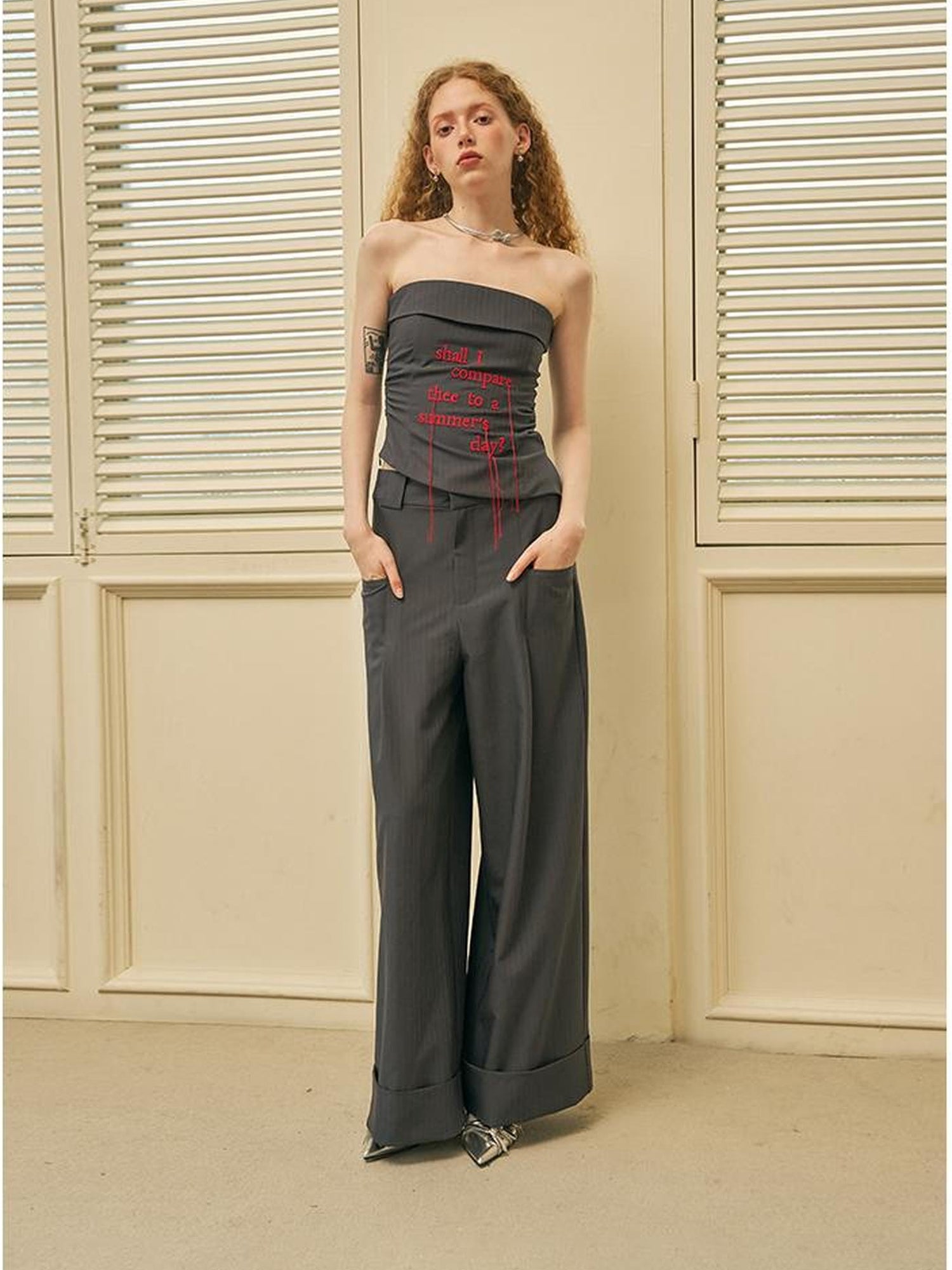 DIDDI MODA Fringed Embroidered Waist Gathered Striped Bustier Pants Set