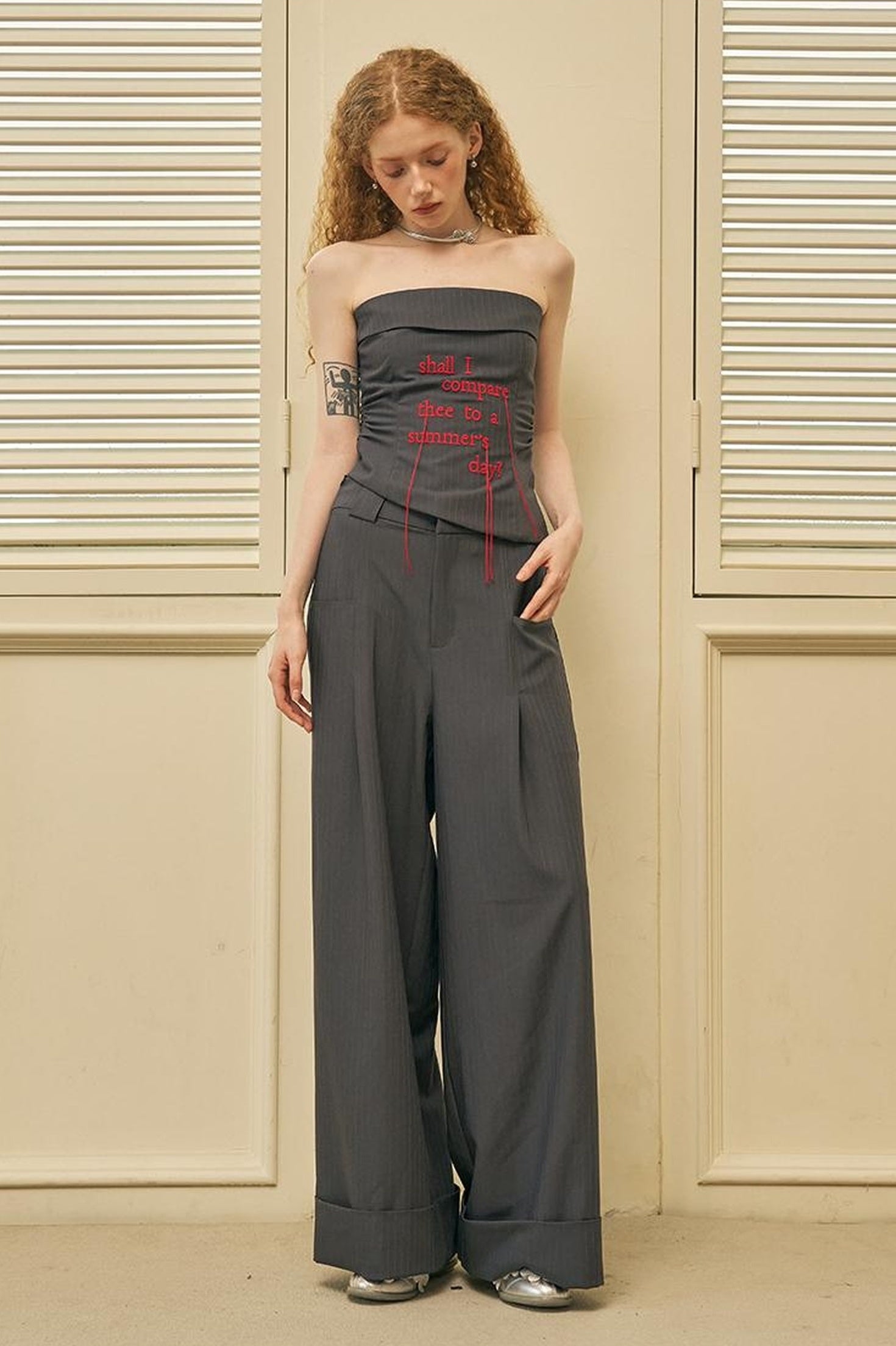 DIDDI MODA Fringed Embroidered Waist Gathered Striped Bustier Pants Set