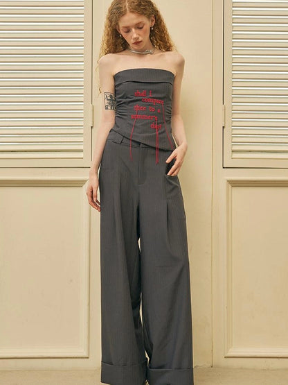 Fringed Embroidered Waist Gathered Striped Bustier Pants Set