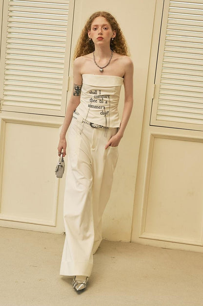 DIDDI MODA Fringed Embroidered Waist Gathered Striped Bustier Pants Set