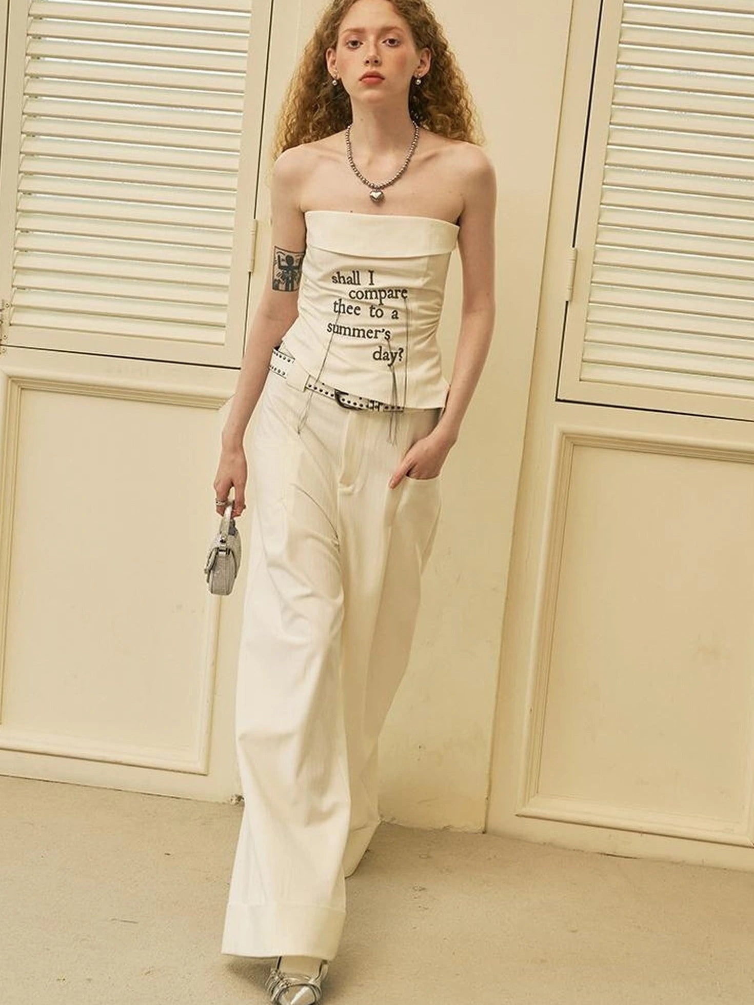 Fringed Embroidered Waist Gathered Striped Bustier Pants Set
