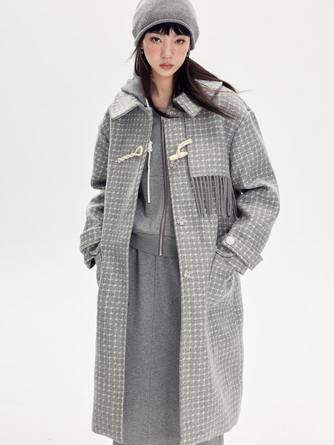 DIDDI MODA Fringed Horn Toggle Long Wool Coat