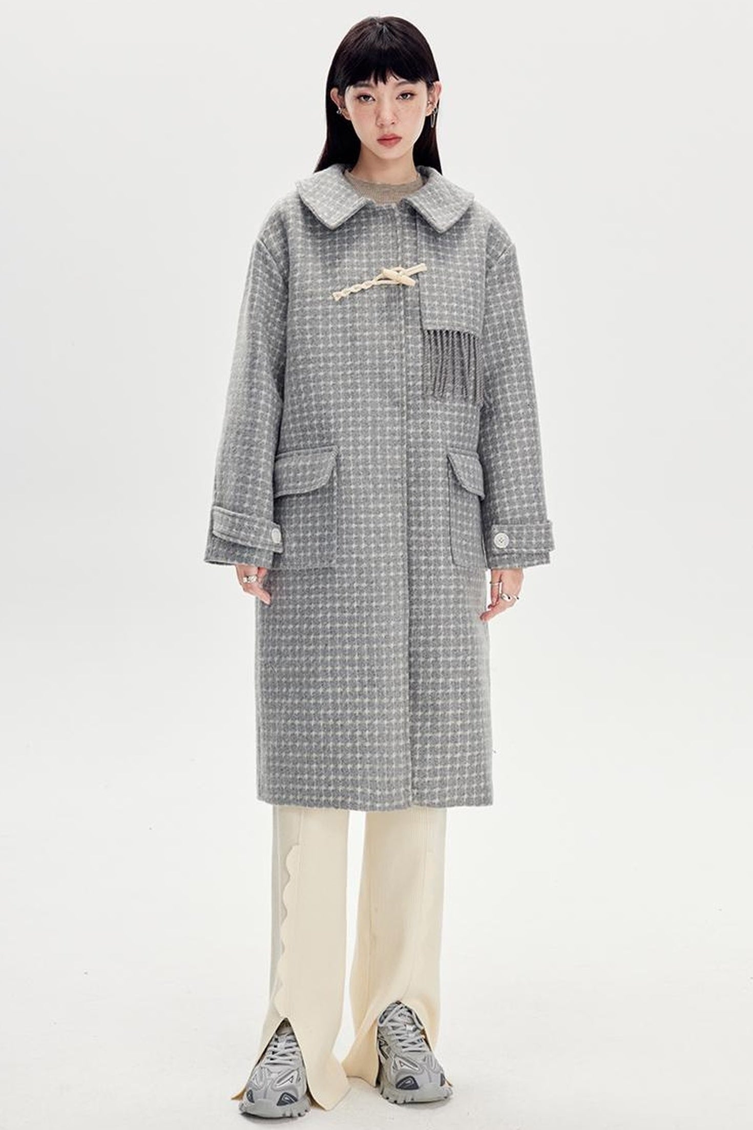 DIDDI MODA Fringed Horn Toggle Long Wool Coat