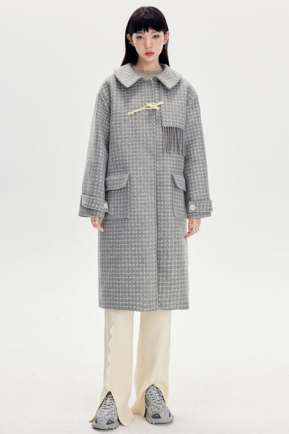 DIDDI MODA Fringed Horn Toggle Long Wool Coat