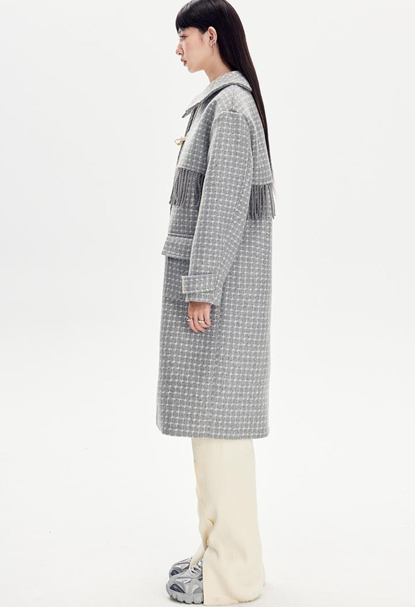 DIDDI MODA Fringed Horn Toggle Long Wool Coat