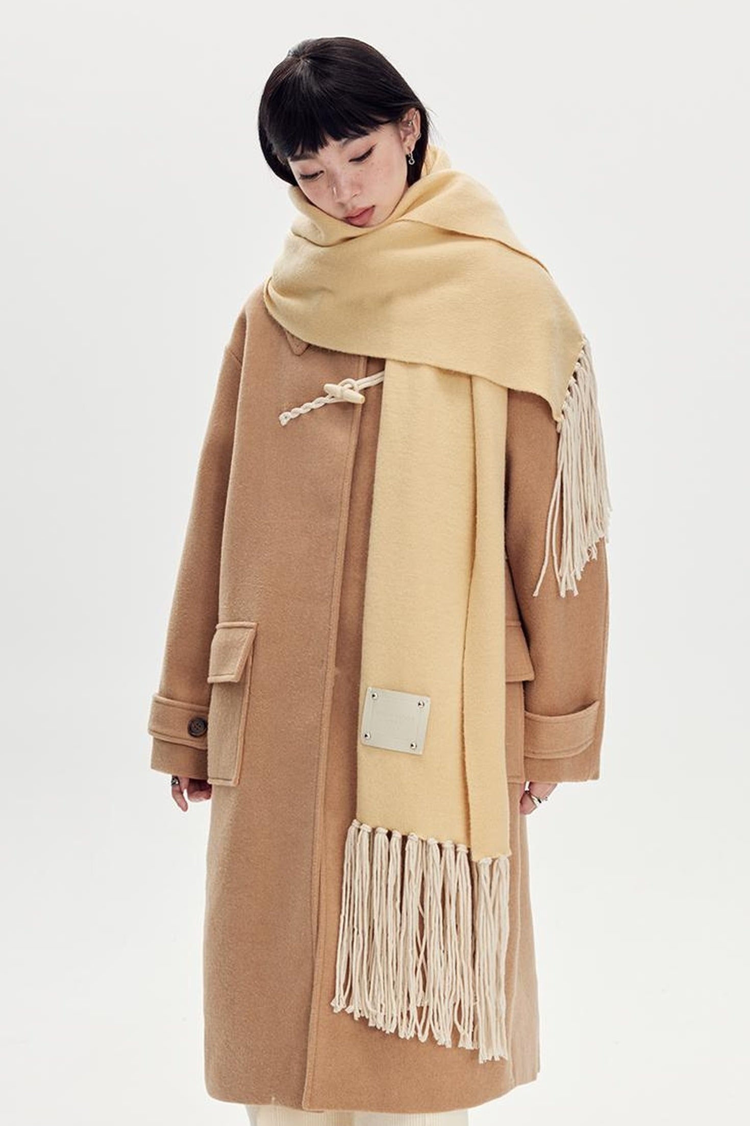 DIDDI MODA Fringed Horn Toggle Long Wool Coat