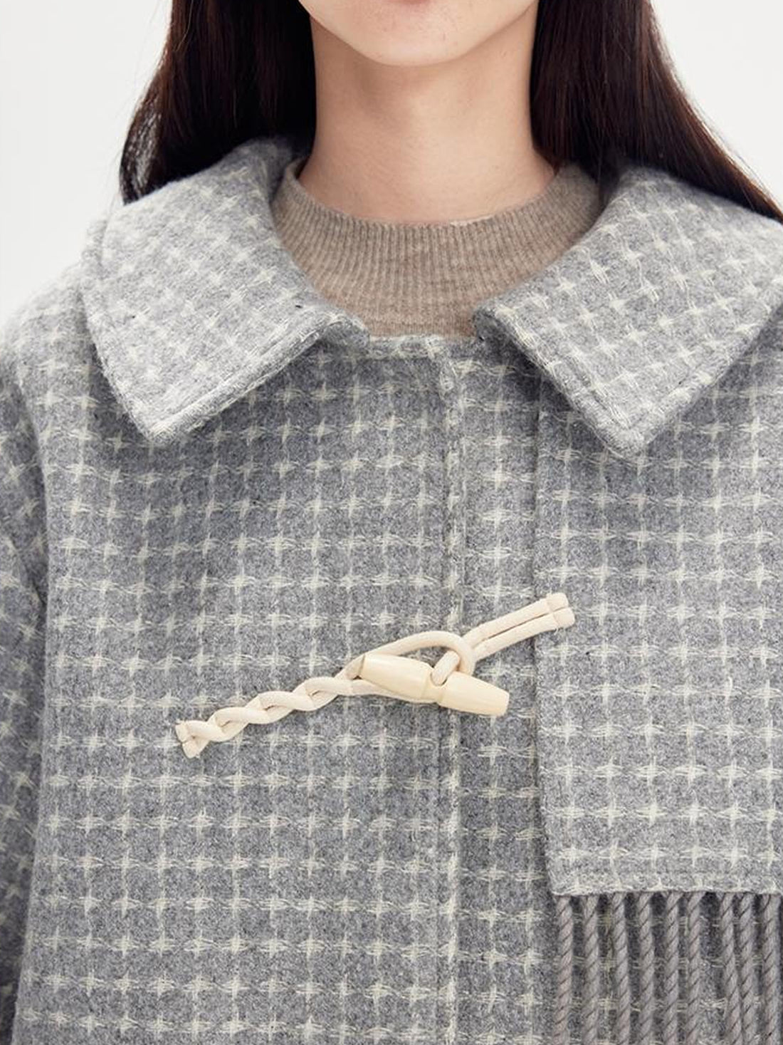 DIDDI MODA Fringed Horn Toggle Long Wool Coat