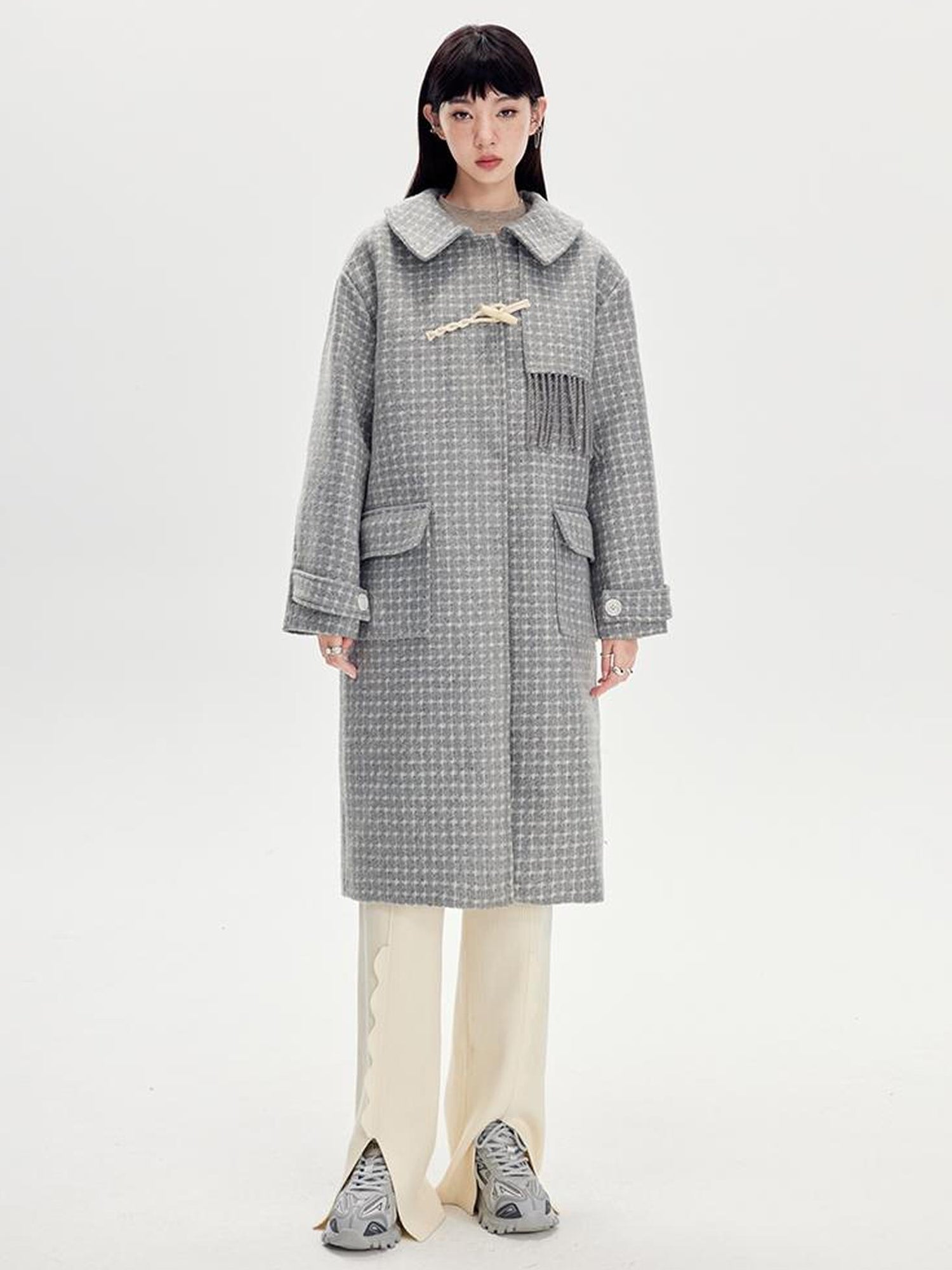 DIDDI MODA Fringed Horn Toggle Long Wool Coat