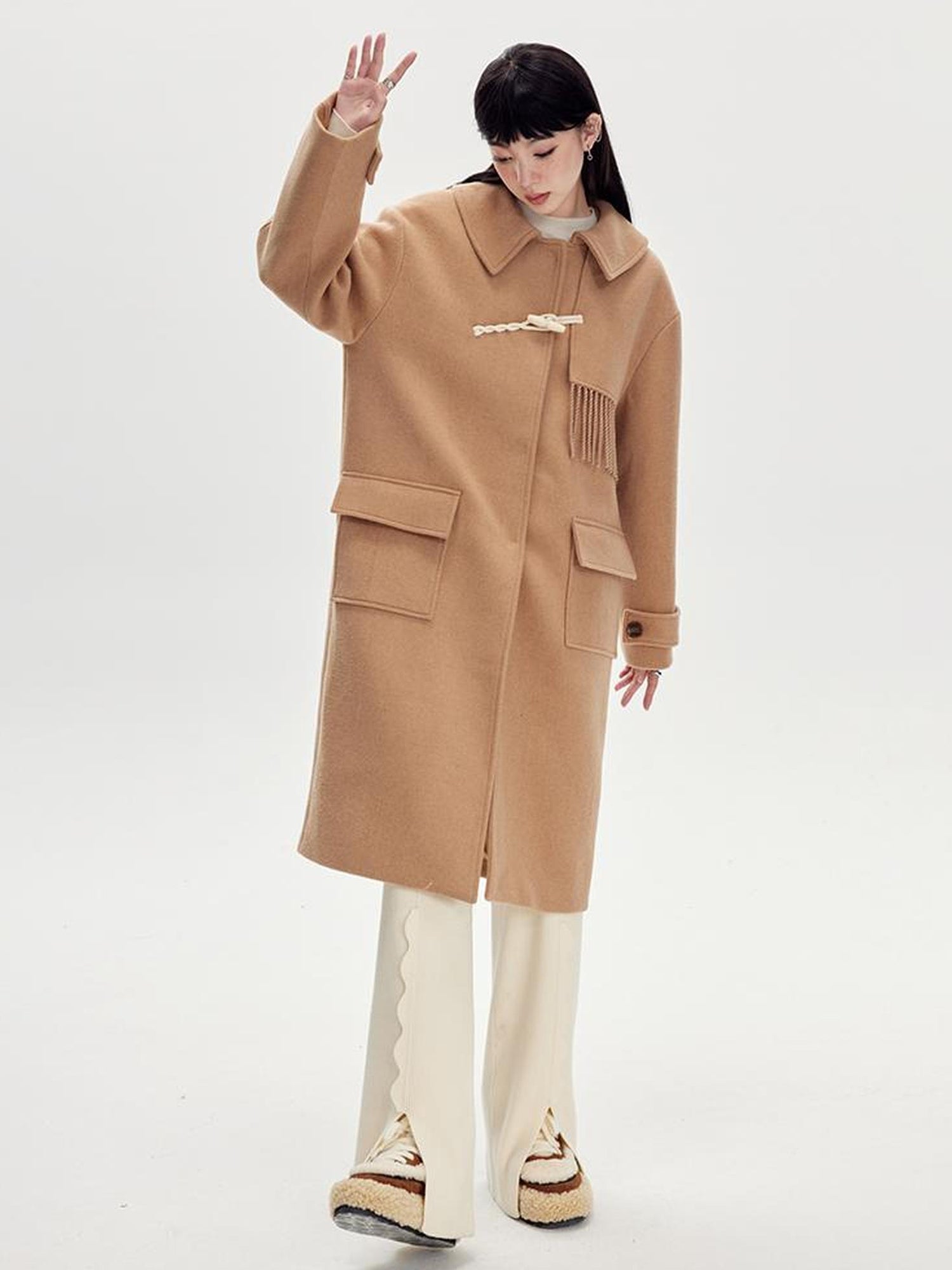 DIDDI MODA Fringed Horn Toggle Long Wool Coat