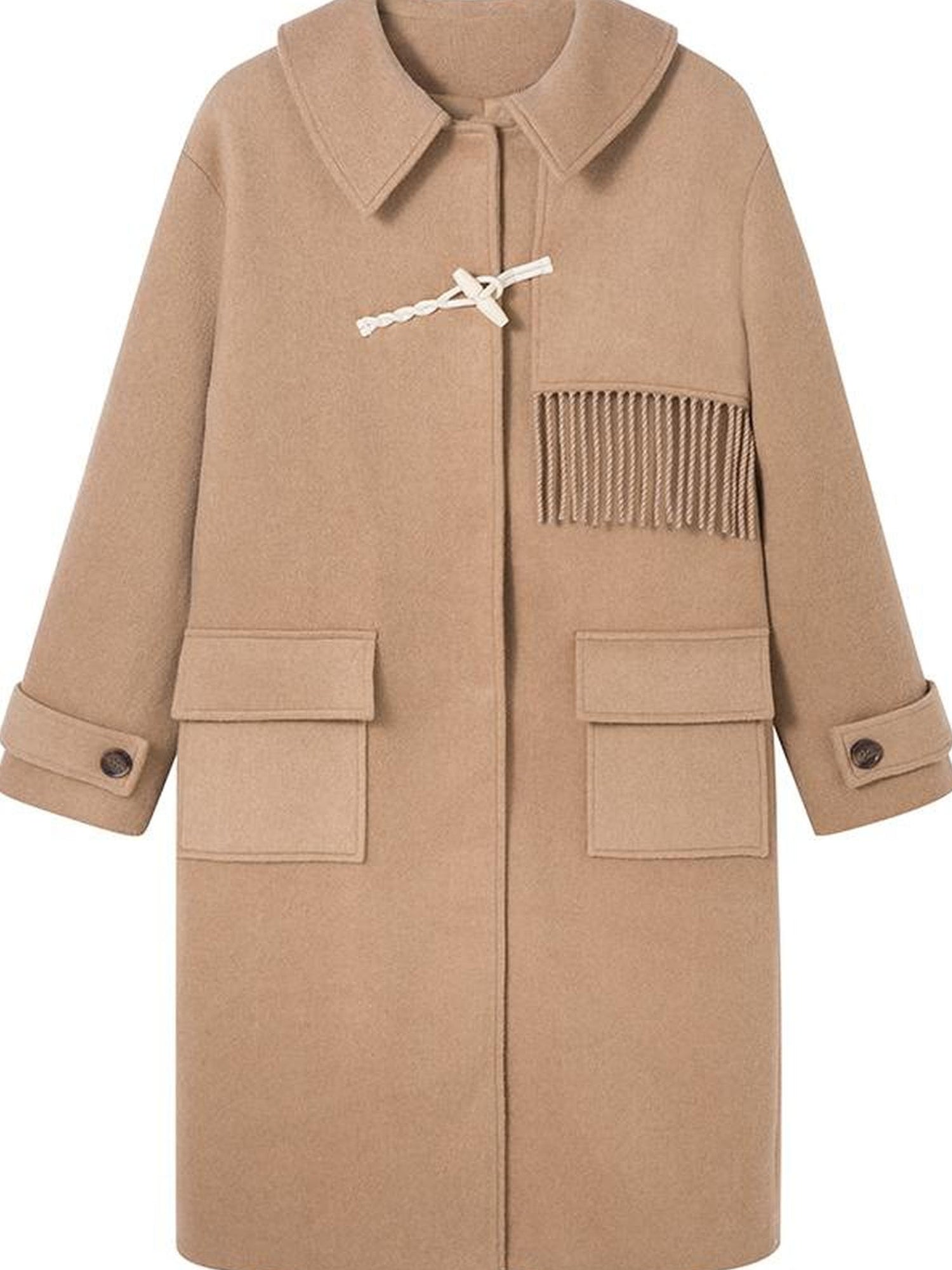 DIDDI MODA Fringed Horn Toggle Long Wool Coat