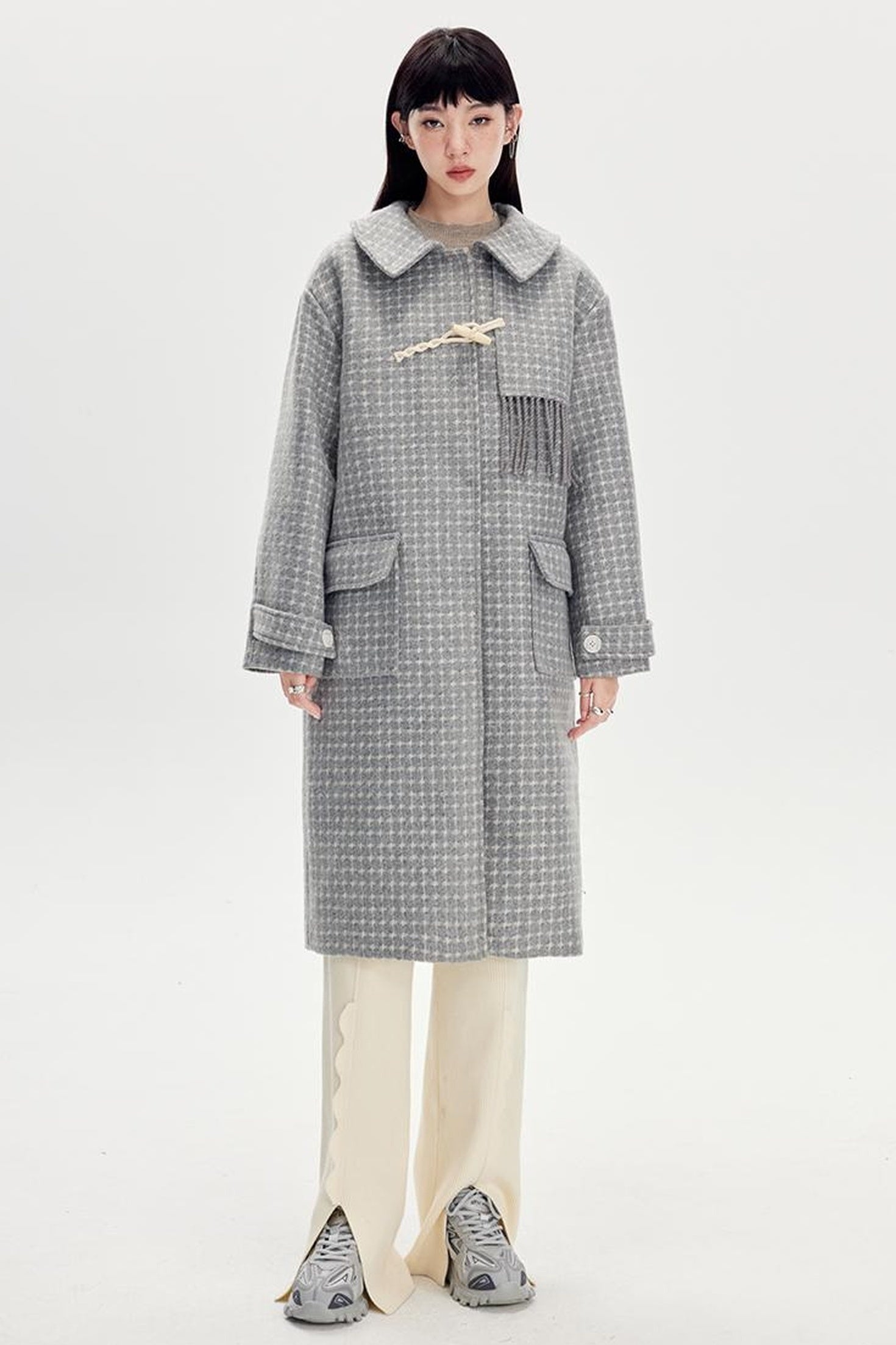 DIDDI MODA Fringed Horn Toggle Long Wool Coat