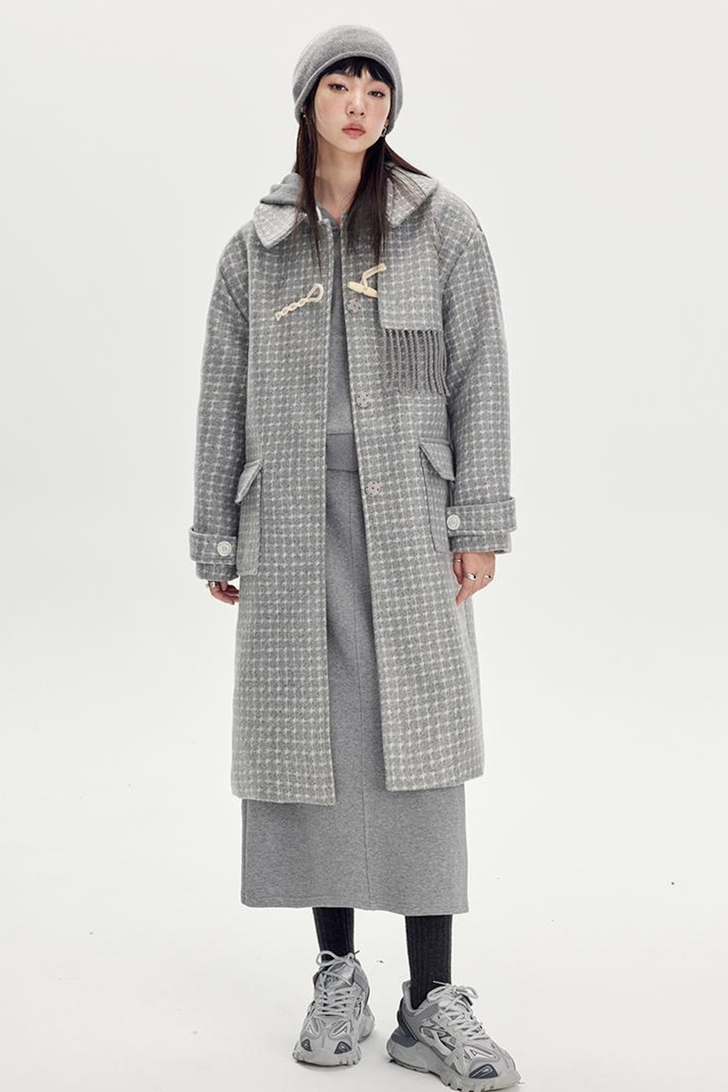 DIDDI MODA Fringed Horn Toggle Long Wool Coat