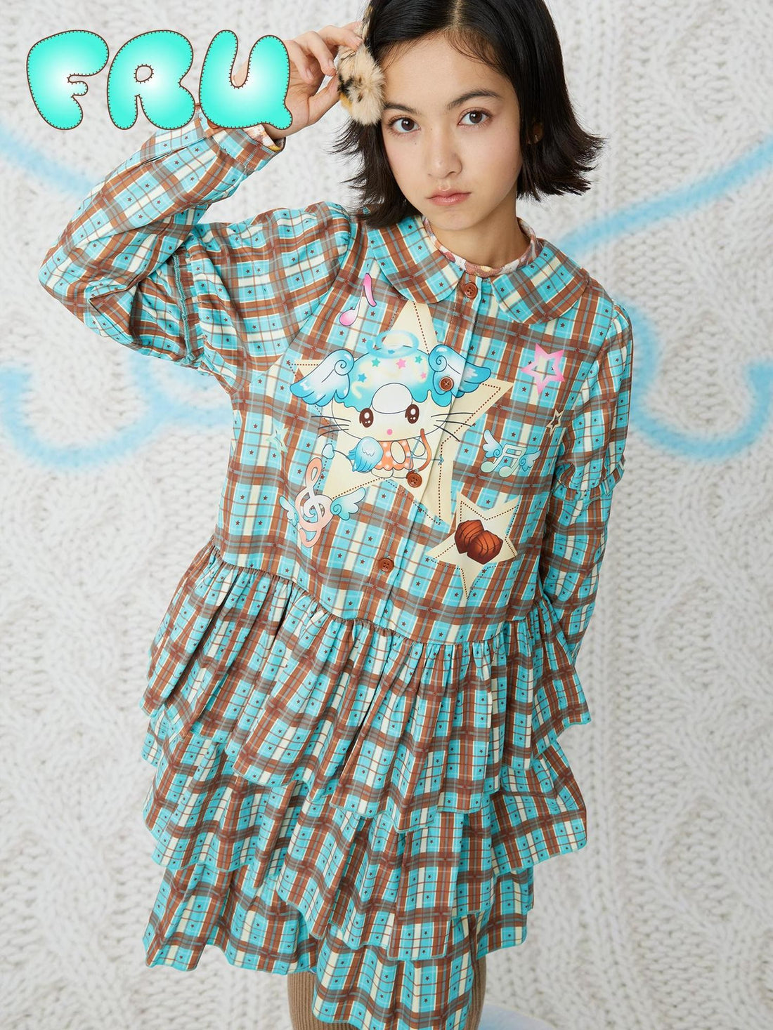 Frufru Gulu Angel Print Plaid Doll Collar Long Sleeve Cotton Women&