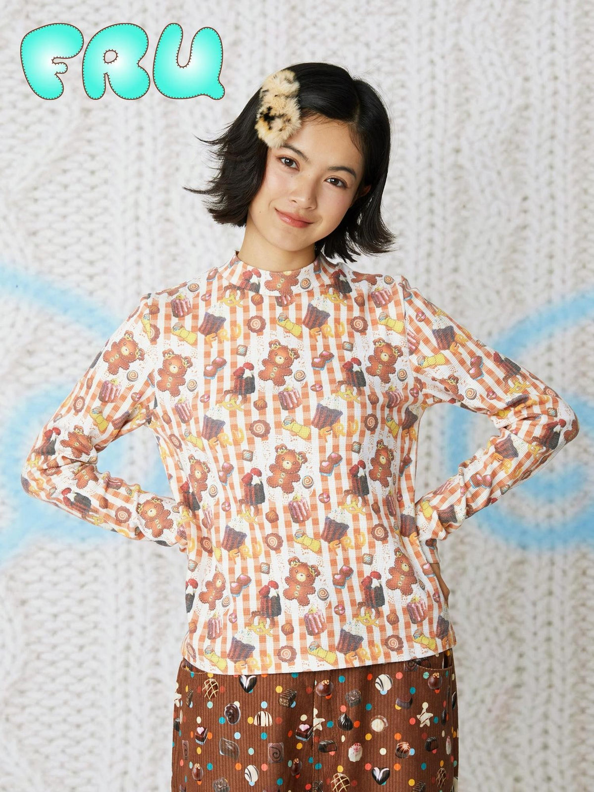 Frufru Gulu Bear Cookie Print Waffle Half Open Collar Women&